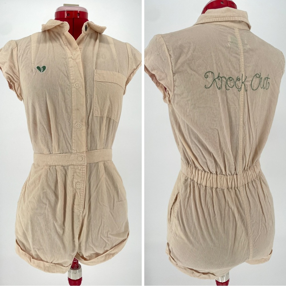 Urban Outfitters Quinn Shortie Embroidered “Knock Out” Corduroy Short Romper